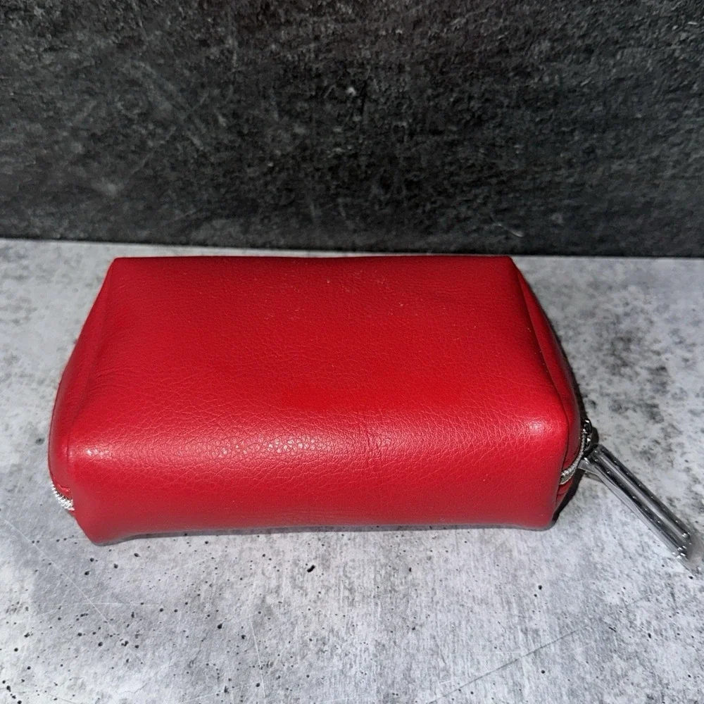 Christian Dior Makeup Pouch Red Faux Leather Cosmetic Bag Silver Dior Zipper New